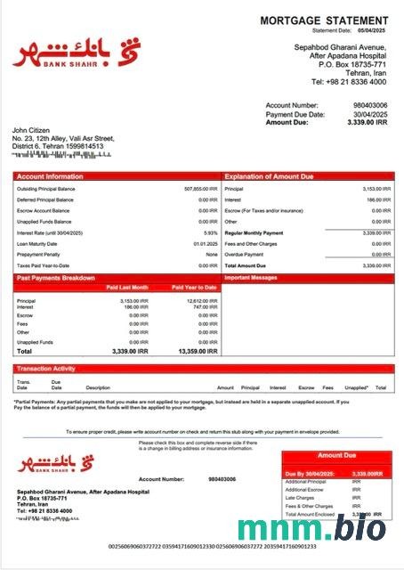 Iran Bank Shahr wyciąg z kredytu hipotecznego szablon Word i PDF